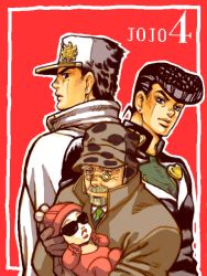 Rule 34 | 1girl, 3boys, baby, beanie, beard, black hair, blue eyes, border, carrying, diamond is not crash, earflap hat, facial hair, family, father and son, gakuran, glasses, gloves, grey hair, hat, hat pompon, heart, higashikata josuke, jacket, jojo no kimyou na bouken, joseph joestar, joseph joestar (old), kuujou joutarou, long coat, multiple boys, mustache, peaked cap, pompadour, red background, school uniform, sunglasses, tegaki, uncle and nephew, warai, white headwear, white jacket