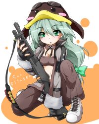 1girl bandeau black_gloves blush boots breasts brown_bandeau brown_pants character_name commentary_request fingerless_gloves full_body gloves green_eyes green_hair grey_boots gun gunslinger_(ragnarok_online) hat holding holding_gun holding_weapon long_hair long_sleeves looking_at_viewer medium_breasts midriff navel on_one_knee open_mouth orange_bag pants penguin_hat ragnarok_online shotgun solo weapon yoshihiro-m