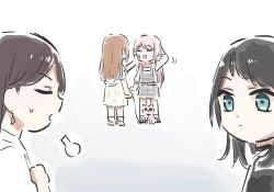 Rule 34 | 4girls, bang dream!, bang dream! it&#039;s mygo!!!!!, black hair, blue eyes, brown hair, chihaya anon, closed eyes, dog, dress, earrings, grey dress, jewelry, leash, long hair, lyy, multiple girls, nagasaki soyo, open mouth, pinafore dress, pink hair, plaid clothes, plaid dress, puff of air, shiina taki, sleeveless, sleeveless dress, yahata umiri