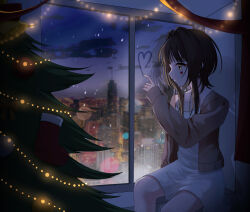 1girl absurdres black_hair blue_sky cardigan christmas christmas_lights christmas_stocking christmas_tree city city_lights cityscape cloud collarbone decorations drawing dress evening facial_mark fingernails from_side glass_writing grey_cardigan hair_over_shoulder heart heart_facial_mark highres index_finger_raised indoors lonely long_sleeves looking_afar looking_outside medium_hair night original red_socks sidelocks sitting sky socks solo spaghetti_strap toto05_08 white_dress window yellow_eyes
