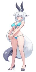 1girl :&lt; absurdres ahoge animal_ears bikini black_footwear blue_bikini blue_eyes blush braid breasts closed_mouth commentary deaver english_commentary fake_animal_ears fox_ears fox_girl fox_tail full_body highres hololive large_breasts long_hair looking_at_viewer pentagram rabbit_ears shirakami_fubuki simple_background single_braid solo standing swimsuit tail thighs virtual_youtuber white_background white_hair