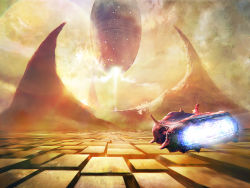 alien building city cityscape cloud david_demaret desert dune_(planet) dune_(series) dust epic floating flying highres landing moon moonchild no_humans palace planet realistic sand scenery science_fiction spacecraft sun