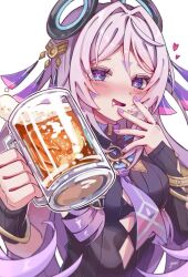 Rule 34 | 1girl, alcohol, bare shoulders, beer, black leotard, blue eyes, blush, braid, breasts, citlali (genshin impact), cup, duplicate, facial mark, genshin impact, glass, hair ornament, holding, holding cup, leotard, long hair, long sleeves, looking at viewer, non-web source, open mouth, pink hair, pink pupils, purple hair, ring hair ornament, saliva, solo, triangle, triangle facial mark, yui (yuimeooow)