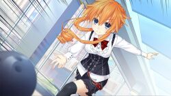 1girl ball black_thighhighs blue_eyes bowling_ball braid breasts chain date_a_live date_a_live:_spirit_pledge dress drill_hair drill_sidelocks dutch_angle game_cg hair_between_eyes indoors long_hair long_sleeves low_drills medium_breasts official_art puffy_long_sleeves puffy_sleeves sidelocks smile solo thighhighs third-party_source v-shaped_eyebrows yamai_kaguya