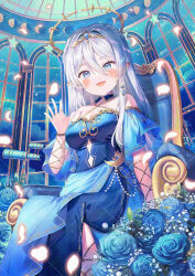 1girl :d armchair bare_shoulders blue_dress blue_eyes blue_flower blue_rose blush breasts chair commentary_request copyright_request dress flower grey_hair hair_intakes hand_up headpiece ikari_(aor3507) indoors long_hair looking_at_viewer medium_breasts official_art on_chair open_mouth pointy_ears rose sample_watermark sitting smile solo very_long_hair virtual_youtuber watermark window