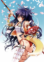 1girl absurdres alcohol armor ass black_hair brown_eyes carnelian cherry_blossoms crop_top cup elbow_gloves feathers female_focus fingerless_gloves fur_trim genderswap genderswap_(mtf) gloves halterneck headdress highres jacket lipstick maeda_keiji makeup midriff navel original panties ponytail red_panties sakazuki sake scan side-tie_panties skindentation smile solo tail tattoo underwear water