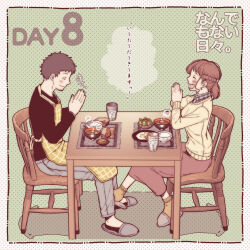 1boy 1girl :d apron black_hair brown_hair chair couple fried_egg highres jorori miso_soup open_mouth original own_hands_together rice salad salmon short_hair sitting smile table