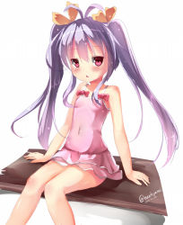 Rule 34 | 1girl, antenna hair, bad id, bad pixiv id, blush, bow, desk, female focus, hair ribbon, long hair, miyauchi renge, natuna natu, non non biyori, one-piece swimsuit, open mouth, pink one-piece swimsuit, purple hair, red eyes, ribbon, simple background, sitting, solo, swimsuit, triangle mouth, twintails, twitter username
