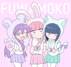 3girls animal_ear_hood animal_ears animal_hands bear_ears black_eyes blue_bow blue_hair blunt_bangs bow cat_ears closed_mouth expressionless ezaki_bisuko fake_animal_ears fluffy green_sailor_collar green_skirt hair_between_eyes heart heart-shaped_mouth hexagram highres hood jewelry menhera-chan_(ezaki_bisuko) menhera-chan_(ezaki_bisuko)_(character) multiple_girls necklace one_eye_closed open_mouth own_hands_together pink_background pink_bow pink_hair pink_sailor_collar pink_skirt pleated_skirt purple_bow purple_hair purple_skirt rabbit_ears sabukaru-chan_(ezaki_bisuko) sailor_collar school_uniform serafuku sidelocks simple_background skirt star_of_david tail tail_bow tail_ornament translated twintails white_serafuku yumekawa-chan_(ezaki_bisuko)