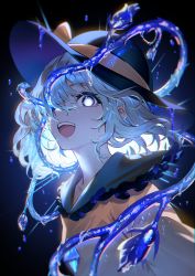 1girl alternate_eye_color black_background black_hat blue_eyes bud buttons collared_shirt diamond_button floating_hair flower frilled_shirt_collar frills glowing glowing_eyes grey_hair hair_over_one_eye hat hat_ribbon highres komeiji_koishi liquid long_bangs looking_at_viewer open_mouth plant portrait ribbon rose shirt short_hair sidelocks simple_background solo teeth thorns touhou u_u_zan upper_teeth_only vines vines_from_eyes yellow_ribbon yellow_shirt