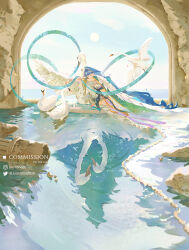 1girl animal animal_hug arch asymmetrical_hair bare_shoulders bird blue_hair blue_nails blue_sash blunt_bangs bracelet breasts broken_pillar cape circlet closed_eyes commission covered_mouth crop_top day different_reflection earrings falling_petals feather_hair_ornament feathered_wings feathers gold_bracelet gold_necklace green_cape hagoromo hair_behind_ear hair_ornament instagram_username jewelry juanone88 light_particles long_hair long_skirt long_sleeves medium_breasts midriff necklace ocean original petals reflection reflective_water ripples rock sash shawl shirt side_slit single_hair_intake single_sidelock sitting skirt solo strapless strapless_shirt sun swan twitter_username very_long_hair wavy_hair white_shirt white_skirt white_wings wings yokozuwari