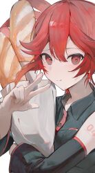 Rule 34 | 1girl, bag, baguette, bread, breast pocket, breasts, buttons, closed mouth, collarbone, collared shirt, commentary request, detached sleeves, drill hair, food, hair between eyes, hand up, highres, kasane teto, looking at viewer, number tattoo, paper bag, pocket, red eyes, shikihutuka, shirt, shoulder tattoo, side drill, sleeveless, sleeveless shirt, small breasts, smile, solo, tattoo, utau, white background, wing collar