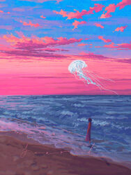 1girl absurdres animal barefoot beach black_hair blue_sky chinese_commentary chromatic_aberration commentary_request cursive dress evening fangpeii fish flying_fish from_side highres jellyfish landscape long_dress ocean original outdoors pink_clouds sand scenery short_hair sky sky_focus sleeveless sleeveless_dress solo standing sunset turning_head very_wide_shot water waves