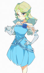 1girl bare_shoulders bead_necklace beads blonde_hair blue_dress blue_eyes blue_flower blue_rose breasts closed_mouth corsage cup diana_cavendish dress earrings elbow_gloves flower gloves hand_on_own_hip highres holding holding_cup jewelry little_witch_academia long_hair looking_at_viewer necklace off-shoulder_dress off_shoulder puppet_art rose simple_background solo teacup wavy_hair white_background white_gloves