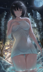 1girl absurdres amagami black_eyes black_hair bob_cut breasts closed_mouth covering_privates fie_nanoo full_moon gluteal_fold hand_on_own_chest highres lamppost looking_at_viewer medium_breasts moon naked_towel nanasaki_ai night night_sky nude_cover onsen outdoors pine_tree signature sky snow snowing solo standing star_(sky) starry_sky tan tanline towel tree wading wet winter