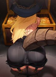 1girl absurdres all_fours ass black_hat black_shorts black_thighhighs blonde_hair brown_horns brown_tail coin dragon_tail facing_away from_behind gold_coin hat highres horns kyahagood long_hair original shorts solo tail thighhighs treasure_chest