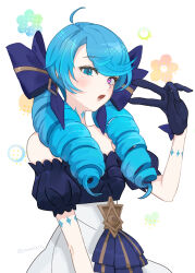 1girl :o ahoge bare_shoulders black_bow black_gloves blush bow cowboy_shot dress floral_print gloves green_eyes green_hair gwen_(league_of_legends) hair_bow highres league_of_legends looking_at_viewer n2tat puffy_short_sleeves puffy_sleeves short_sleeves solo twintails v white_background white_dress
