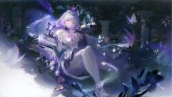 1girl asymmetrical_gloves bei_(beiziya2333) black_tiara breasts bug butterfly castorice_(honkai:_star_rail) chinese_commentary commentary_request dress elbow_gloves flower flower_ornament gloves hair_flower hair_ornament high_heels highres honkai:_star_rail honkai_(series) insect long_hair medium_breasts pantyhose pointy_ears purple_eyes purple_gloves purple_hair solo stairs stone_pillar tiara uneven_gloves white_dress white_pantyhose