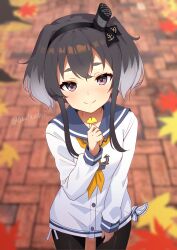 Rule 34 | 1girl, absurdres, black hair, black pantyhose, blue sailor collar, blurry, blurry background, blush, closed mouth, commentary request, cowboy shot, flower, grey hair, hand up, highres, holding, holding flower, kantai collection, leaf, long sleeves, looking at viewer, maple leaf, neckerchief, orange neckerchief, pantyhose, purple eyes, sailor collar, shirt, short hair, short hair with long locks, sidelocks, smile, smokestack hair ornament, solo, standing, tied shirt, toketa-sekai, tokitsukaze (kancolle), white shirt