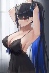 1girl adjusting_hair archinoer armpits arms_behind_head arms_up asymmetrical_horns black_hair black_nightgown blue_hair breasts chemise cleavage closed_mouth colored_inner_hair covered_groin covered_navel cowboy_shot curtains demon_horns dress flower hair_tie_in_mouth highres hololive hololive_english horn_flower horns lace-trimmed_chemise large_breasts long_hair mole mole_on_body mole_under_eye mouth_hold multicolored_hair multiple_moles nerissa_ravencroft nightgown one_eye_closed ponytail red_eyes slit_pupils solo spaghetti_strap strap_gap two-tone_hair tying_hair uneven_horns very_long_hair virtual_youtuber wavy_mouth