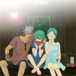 10s 1girl 2boys aged_up aqua_hair bad_id bad_pixiv_id covering_own_mouth dress eating eureka_(eureka_seven) eureka_seven_(series) eureka_seven_ao family father_and_son food fruit fukai_ao hair_ornament husband_and_wife mother_and_son multicolored_hair multiple_boys renton_thurston shorts summer sundress watermelon
