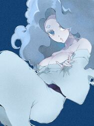 1girl big_hair blue_background blue_eyes breasts cleavage enraenra_(youkai_watch) film_grain grey_hair hair_over_one_eye highres large_breasts long_hair looking_at_viewer simple_background solo youkai_(youkai_watch) youkai_watch yunyun_pet