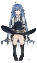 1girl absurdres ahoge bare_legs black_bow black_socks blue_eyes blue_hair bow braid braided_twintails collared_dress dated dress full_body hair_bow hat highres invisible_chair knee_blush large_hat legs_together long_hair looking_at_viewer low_twintails mushoku_tensei no_shoes panties panty_peek roxy_migurdia signature simple_background sitting smile socks solo straight-on twin_braids twintails underwear unworn_hat unworn_headwear very_long_hair white_background white_dress white_panties witch_hat yisjhui