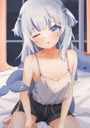 1girl 8_nana_usagi absurdres alternate_costume bare_arms bare_shoulders bed_sheet black_shorts blue_eyes blue_hair blush breasts camisole collarbone commentary curtains drawstring ebi-chan_(gawr_gura) english_commentary fins fish_tail gawr_gura grey_hair hair_ornament head_tilt highres hololive hololive_english indoors long_hair looking_at_viewer multicolored_hair one_eye_closed puckered_lips shark_girl shark_hair_ornament shark_tail shorts sidelocks sitting small_breasts solo spaghetti_strap streaked_hair stuffed_animal stuffed_shark stuffed_toy tail two_side_up virtual_youtuber white_camisole window