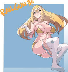 1girl absurdres bikini blonde_hair blue_background breasts closed_mouth commentary copyright_name elbow_gloves front-tie_bikini_top front-tie_top gloves halterneck highres invisible_chair julioalqae large_breasts long_hair shokuhou_misaki sitting smile solo sparkling_eyes swimsuit thighhighs toaru_kagaku_no_mental_out toaru_kagaku_no_railgun toaru_majutsu_no_index very_long_hair white_gloves white_thighhighs yellow_bikini yellow_eyes