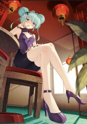 1girl aqua_hair aqua_nails bike_shorts black_ribbon black_shorts blue_eyes blush breasts chair china_dress chinese_clothes cleavage_cutout clothing_cutout cluseller commission crossed_legs double_bun dress hair_bun hair_ribbon high_heels highres indie_virtual_youtuber on_chair open_mouth plant purple_dress purple_ribbon purple_shoes ribbon shoes shorts sitting skeb_commission small_breasts solo table tonari_mei virtual_youtuber white_ribbon wrist_ribbon