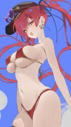1girl absurdres baseball_cap bikini black_hat black_ribbon blush breasts commentary earrings eyewear_on_headwear gold_trim hair_ribbon halterneck hat heart heart-shaped_eyewear heart_earrings heterochromia highres hololive houshou_marine houshou_marine_(summer) jewelry koyo2023 large_breasts long_hair looking_at_viewer navel official_alternate_costume official_alternate_hairstyle open_mouth outdoors red_bikini red_eyes red_hair ribbon solo string_bikini sunglasses swimsuit symbol-only_commentary twintails very_long_hair virtual_youtuber yellow_eyes