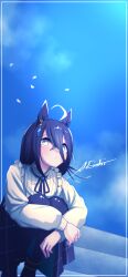 1girl a4_(a4_eishi) absurdres ahoge animal_ears black_hair black_pantyhose black_skirt commentary_request ear_tag falling_petals frilled_shirt frills hair_between_eyes highres horse_ears horse_girl long_hair long_hair_between_eyes manhattan_cafe_(umamusume) multicolored_hair pantyhose petals shirt skirt solo squatting two-tone_hair umamusume white_hair white_shirt yellow_eyes