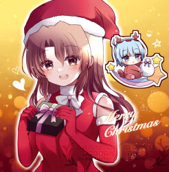 1boy 1girl animal_costume ayasaki_hayate bare_shoulders bell blue_eyes blue_hair breasts brown_hair chibi christmas dress elbow_gloves gift gloves hat hayate_no_gotoku! holding holding_gift long_hair maria_(hayate_no_gotoku!) open_mouth red_eyes reindeer_costume santa_costume santa_dress santa_hat smile solo_focus teeth upper_body upper_teeth_only