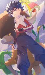 1boy black_gloves black_hair bouffalant bright_pupils closed_mouth commentary_request day fingerless_gloves from_below gen_2_pokemon gen_5_pokemon gloves highres holding holding_poke_ball hoppip hugh_(pokemon) jacket looking_down male_focus nintendo outdoors pants poke_ball poke_ball_(basic) pokemon pokemon_(creature) pokemon_bw2 puffy_pants red_eyes serperior short_hair smile spiked_hair yupiteru