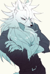 1boy babeldj body_fur claws commentary_request cowboy_shot crossed_arms furry furry_male looking_at_viewer male_focus neck_fur original shirt simple_background solo tail wolf_boy yellow_background