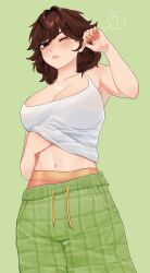 1girl ? armpits bare_shoulders bethy black_eyes blush breasts brown_hair checkered_clothes checkered_pants closed_mouth collarbone commentary commission cowboy_shot eyelashes fingernails green_background green_pants hair_between_eyes half-closed_eyes hand_under_clothes hand_under_shirt hand_up hashtag-only_commentary highres indie_virtual_youtuber large_breasts lips looking_at_viewer medium_hair midriff navel nose one_eye_closed panties pants pants_lift pink_nails pink_panties shirt simple_background solo stomach symbol-only_commentary tank_top teardrop tomboy twitter_username underwear vee_v520 virtual_youtuber waking_up white_tank_top
