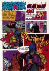 Rule 34 | armor, bahn, comic, english text, explosion, fighters megamix, fighting vipers, gas, hat, hat over eyes, jacket, japanese text, motor vehicle, muscular, muscular male, official art, sega, shoulder armor, sound effects, speech bubble, spiked hair, toothpick, truck