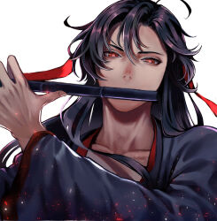1boy ahoge beaugi black_hair black_hanfu chinese_clothes collarbone dizi embers flute hair_down hair_ribbon half_updo hanfu highres holding holding_flute holding_instrument instrument light_particles long_hair long_sleeves looking_at_viewer male_focus modao_zushi music official_alternate_hairstyle playing_flute playing_instrument red_eyes red_ribbon ribbon robe simple_background solo transverse_flute upper_body wei_wuxian wei_wuxian_(yiling_laozu) white_background wide_sleeves