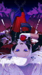 1girl absurdres animal apple black_shoes blood blood_splatter blue_background commentary_request edelgard_von_hresvelg faceless fire_emblem fire_emblem:_three_houses food fork from_above from_behind fruit garreg_mach_monastery_uniform gloves gradient_background hair_ribbon highres holding holding_food holding_fruit juliet_sleeves knee_up knife leg_up long_hair long_sleeves looking_at_viewer looking_up lying military_uniform nintendo on_back on_table open_mouth pantyhose parted_bangs pig puffy_sleeves purple_eyes purple_hair purple_ribbon red_pantyhose ribbon shade shoes solo_focus standing table tablecloth user_fagx8782 white_gloves