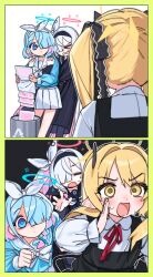 3girls absurdres arona_(blue_archive) black_coat black_dress black_hairband black_pantyhose black_sailor_collar black_shirt blonde_hair blue_archive blue_eyes blue_hair blue_shirt blush bow braid clenched_teeth closed_eyes closed_mouth coat colored_inner_hair demon_girl demon_horns dress grey_hair hair_over_one_eye hair_ribbon hairband highres holding holding_paper horns hug hug_from_behind ibuki_(blue_archive) je_o_mo long_hair medium_hair multicolored_hair multiple_girls neckerchief open_mouth pantyhose paper plana_(blue_archive) pointy_ears red_ribbon ribbon sailor_collar shaded_face shirt shouting side_ponytail sidelocks single_braid skirt sweatdrop teeth two-tone_hair white_bow white_hairband white_neckerchief white_ribbon white_sailor_collar white_shirt white_skirt yellow_background