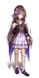 1girl absurdres ankle_boots argyle_clothes argyle_dress arm_at_side arm_behind_back beret black_hat black_sailor_collar block_heels boots brown_boots brown_hair chain choker clematis_(flower) closed_mouth clothing_cutout collarbone comiket_106 contrapposto doll_joints dress etora_eto expressionless fingernails flower full_body hair_flower hair_intakes hair_ornament hair_ribbon hand_on_own_arm hat herta_(honkai:_star_rail) herta_(puppet)_(honkai:_star_rail) high-low_dress highres honkai:_star_rail honkai_(series) joints key key_choker keyhole layered_dress light_blush long_hair long_sleeves looking_at_viewer merchandise_available nail_polish purple_choker purple_eyes purple_nails purple_ribbon ribbon sailor_collar sailor_dress shadow short_dress shoulder_cutout simple_background standing tachi-e two-sided_fabric two-tone_ribbon variant_set white_background white_dress