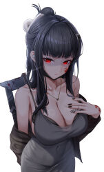 1girl absurdres airpods arm_behind_back arm_tattoo axe barcode barcode_tattoo bare_shoulders black_bra black_hair black_jacket black_mask black_nails blood blood_on_face blood_on_hands bloody_weapon blunt_bangs bra bra_peek breast_tattoo breasts butterfly_tattoo cleavage closed_mouth collarbone commentary covered_navel cowboy_shot d_(killer_wife)_(nikke) d_(nikke) dongtan_dress dress epko goddess_of_victory:_nikke grey_dress hair_ornament hairclip hatchet_(axe) heart heart_necklace highres holding holding_axe jacket jewelry large_breasts long_hair looking_at_viewer mask mask_pull meme_attire mouth_mask necklace off_shoulder pencil_dress red_eyes ring simple_background solo standing tattoo underwear weapon white_background wireless_earphones
