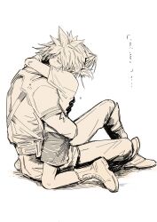 Rule 34 | 2boys, armor, arms around neck, belt, boots, closed eyes, cloud strife, final fantasy, final fantasy vii, final fantasy vii ever crisis, from side, greyscale, highres, hug, male focus, monochrome, multiple boys, mutual hug, norgeehotpot, pants, pauldrons, sephiroth, sephiroth (ever crisis), shirt, shirt tucked in, shoelaces, short sleeves, shorts, shoulder armor, simple background, sitting, t-shirt, white background