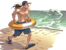 Rule 34 | 2boys, abs, baseball cap, beach, black footwear, blue swim trunks, brothers, brown hair, collarbone, commentary, groin, hashtag-only commentary, hat, holding, holding swim ring, innertube, long hair, male focus, male swimwear, momomo82345, multicolored hat, multiple boys, muscular, muscular male, navel, nipples, ocean, outdoors, pectorals, ponytail, red swim trunks, sandals, siblings, street fighter, street fighter iii (series), striped innertube, surfboard, surfing, swim ring, swim trunks, topless male, twins, waves, yang lee, yun lee