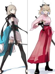 1girl ahoge bare_shoulders black_bow black_gloves black_scarf blonde_hair blue_haori bow closed_mouth commentary_request detached_sleeves expressionless fate/grand_order fate_(series) fingerless_gloves from_behind full_body gloves green_eyes hair_bow hakama hakama_skirt half_updo haori highres holding holding_sword holding_weapon japanese_clothes katana ki_wa001 kimono koha-ace long_sleeves looking_at_viewer looking_back multiple_views obi okita_souji_(fate) okita_souji_(koha-ace) pink_kimono red_hakama sash scarf shadow sheath shinsengumi short_hair short_kimono simple_background skirt sleeveless sleeveless_kimono solo standing sword weapon white_background white_kimono