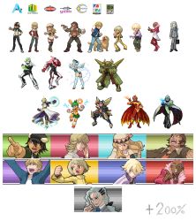 2girls 6+boys antonio_lopez armor bare_shoulders barnaby_brooks_jr. blonde_hair blue_eyes blue_fire blue_hair blue_jacket blue_rose_(tiger_&amp;_bunny) bomber_jacket boots bow breasts brown_eyes brown_hair bruce_lee&#039;s_jumpsuit newsboy_cap cape chinese_clothes closed_eyes dark_skin denim detached_sleeves dog dragon_kid earrings elbow_gloves enmto epaulettes everyone facial_hair fire fire_emblem_(tiger_&amp;_bunny) formal_clothes glasses gloves green_eyes green_hair grey_hair hair_bow hair_ornament hairclip hat helmet horns huang_baoling ivan_karelin jacket jeans jewelry john_(tiger_&amp;_bunny) kaburagi_t._kotetsu karina_lyle keith_goodman letterman_jacket lips lipstick logo long_hair lunatic_(tiger_&amp;_bunny) makeup mask multiple_boys multiple_girls nathan_seymour necklace necktie nintendo open_mouth origami_cyclone pale_skin pants parody pink_hair pixel_art pokemon ponytail portrait power_armor power_suit purple_eyes purple_jacket red_jacket rock_bison short_hair shorts shuriken simple_background skirt sky_high_(tiger_&amp;_bunny) small_breasts smile sprites style_parody superhero_costume sword tiger_&amp;_bunny vest waistcoat weapon wild_tiger yuri_petrov