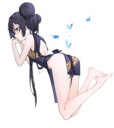 1girl absurdres ass back back_cutout bare_back bare_legs barefoot black_dress black_hair blue_archive blue_eyes braid braided_bun bug bun_with_braided_base butterfly butterfly_hair_ornament china_dress chinese_clothes chinese_commentary clothing_cutout commentary_request double_bun dragon_print dress feet flat_chest from_side hair_bun hair_ornament highres hornesix insect kisaki_(blue_archive) loli long_hair looking_at_viewer no_halo no_panties own_hands_together pelvic_curtain profile simple_background sleeveless sleeveless_dress soles solo toes twintails very_long_hair white_background