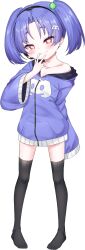 Rule 34 | 1girl, :q, absurdres, black hairband, black thighhighs, blush, closed mouth, collarbone, discord, fang, fang out, female focus, flat chest, full body, hair ornament, hairband, headset, heart, heart-shaped pupils, highres, hood, hooded jacket, jacket, long sleeves, looking at viewer, mesugaki, no shoes, nomorakazu, original, personification, pigeon-toed, purple hair, purple jacket, red eyes, short hair, simple background, single bare shoulder, skin fang, solo, standing, symbol-shaped pupils, thighhighs, toes, tongue, tongue out, transparent background, twintails, wide sleeves