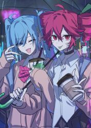 2girls ahoge akita_neru bow bowtie choker commentary_request cup hatsune_miku highres holding holding_cup holding_umbrella layered_clothes long_hair long_sleeves multiple_girls nail_polish necktie school_uniform tagme twintails umbrella upper_body vocaloid yuuri_(0914yuuri_k)