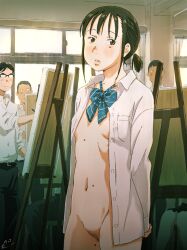 1girl 3boys black_hair blue_bow blue_bowtie bottomless bow bowtie breasts canvas_(object) censored commentary drawing_(action) glasses highres indoors modeling monodevil mosaic_censoring multiple_boys navel nude_modeling opaque_glasses open_clothes open_shirt original parted_lips ponytail school short_ponytail small_breasts striped_bow striped_bowtie striped_clothes